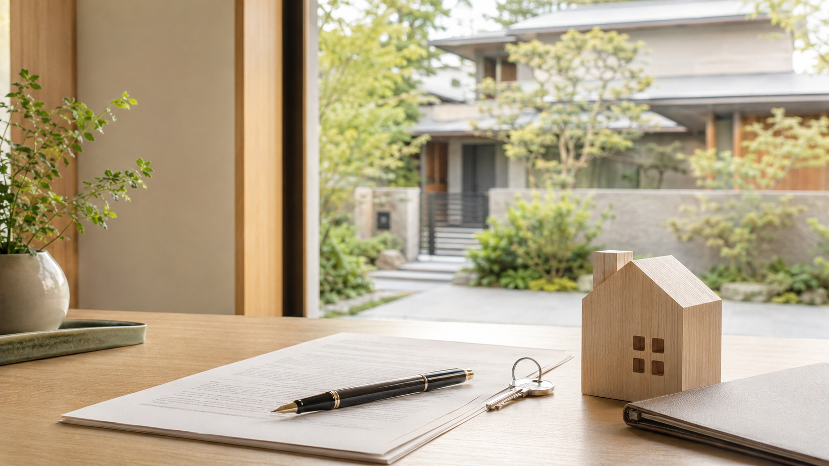 不動産の契約書と家の模型・鍵